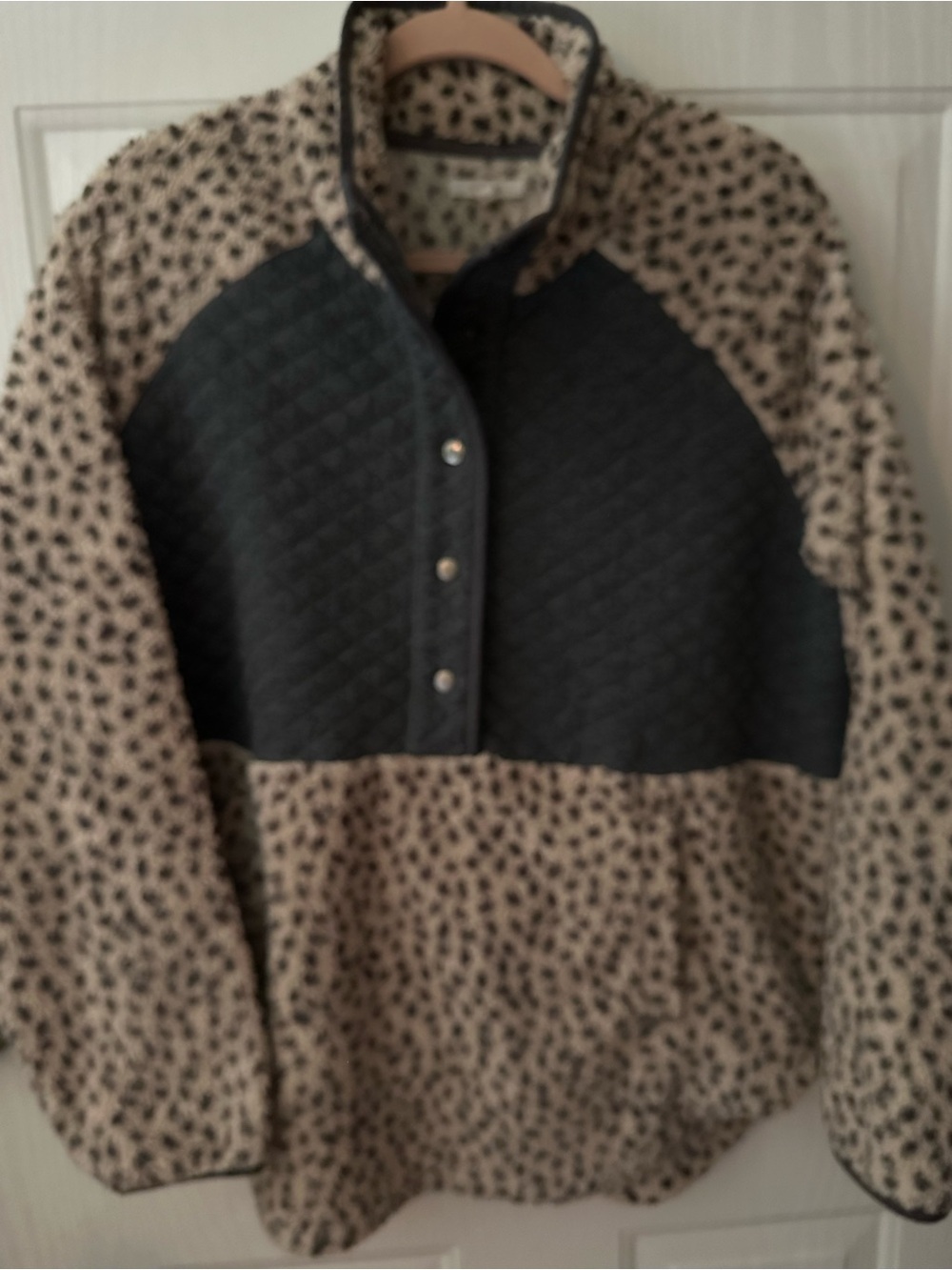 Maurices Black Quilted Chest Pullover with Tan Leopard Print